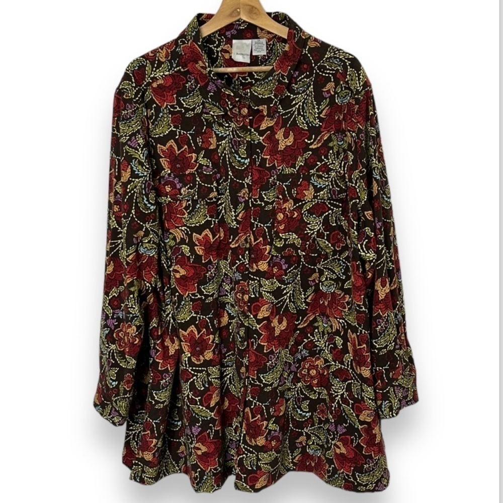 Roman's Womens 2X Top Floral Button Up Flannel Shirt Fall Colors Brown Green Red